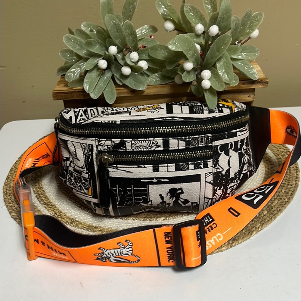 Min & Mon Black and White Graphic Crossbody Belt Bag with Orange Logo Strap